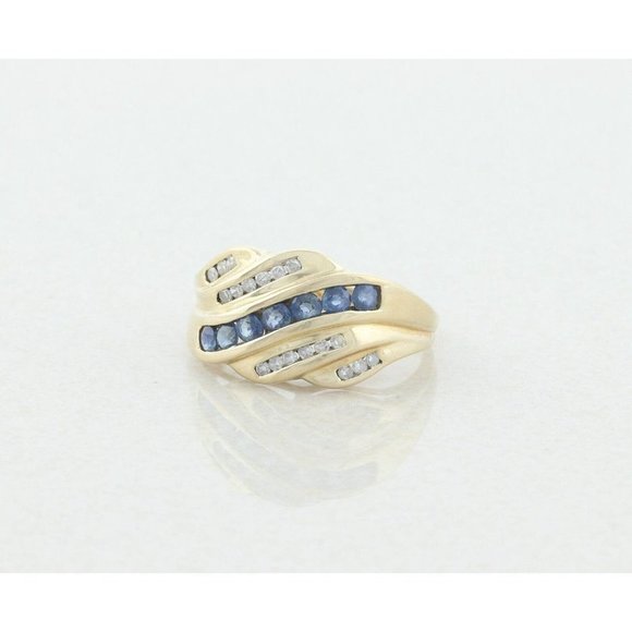 10k Yellow Gold Natural Blue Sapphire and Diamond Band Ring Size 8 1/4 - Picture 5 of 7